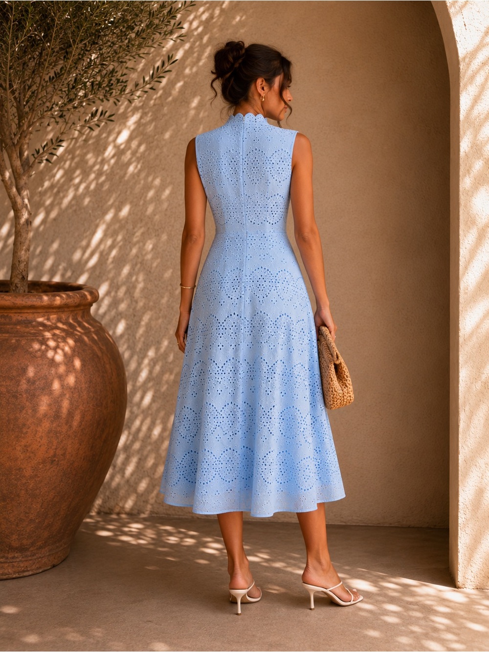 Commense Blue Embroidered Eyelet Cotton Midi Dress XS | European Summer Dress - Picture 2 of 6
